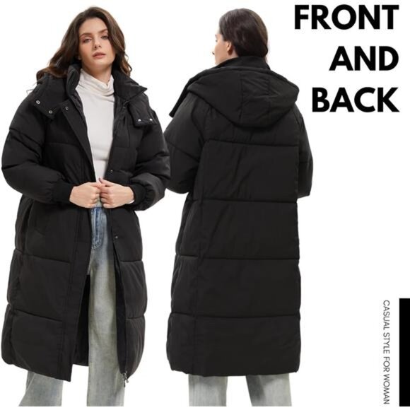 Long Puffer Jacket for Women, Black - Picture 3 of 6